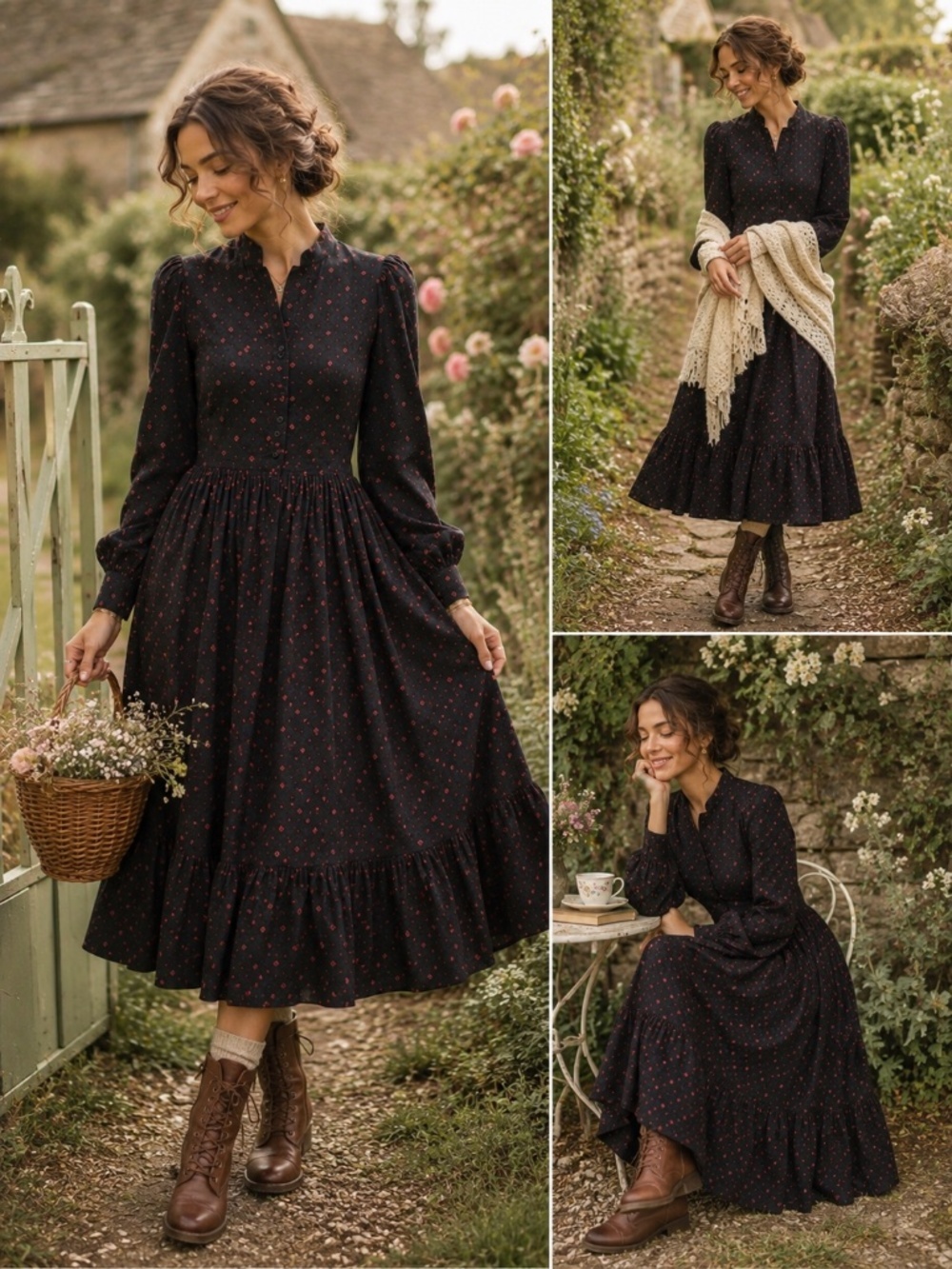 Vintage Laura Ashley Black Corduroy Dress Red Print Size 8 Made in Great Britain